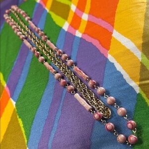 Pink Beaded artsy chained layered Necklace with Gold Accents costume
